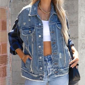 VICI DISTRESSED DENIM PLAID JACKET